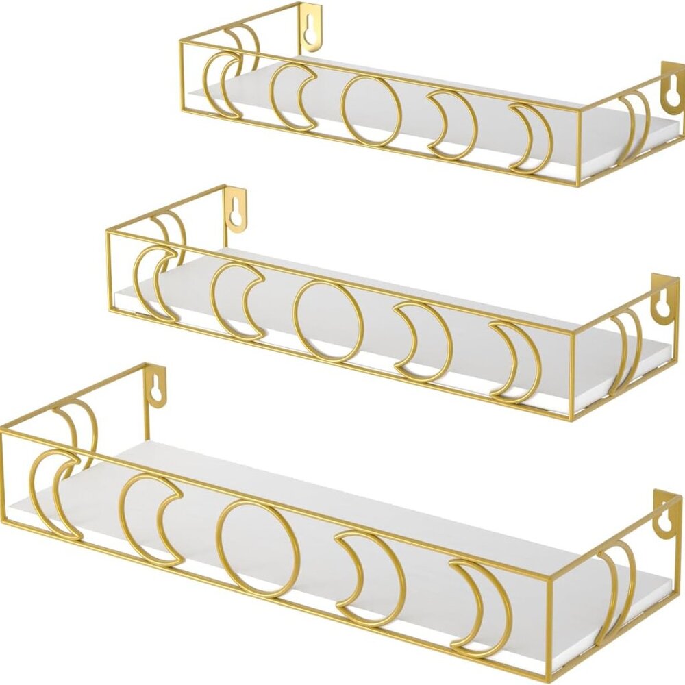 3 PC Set of Wall Shelves Gold Moon Phases Metal with White Shelves - NIB NEW $94